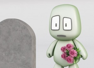 Arasi superando un duelo con un ramo de flores rosas en frente de una llápida